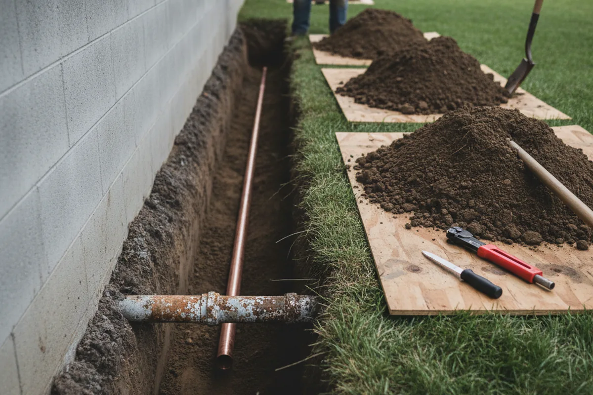 Excavated water line trench during Water Softener Installation in Concord